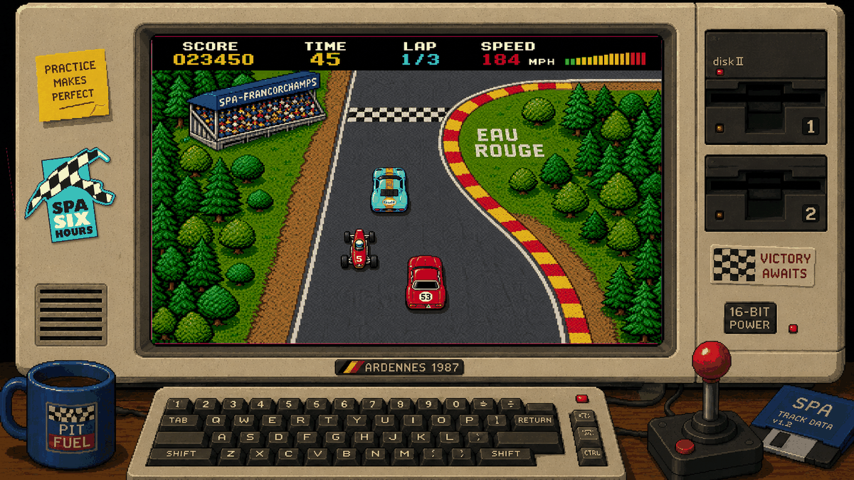 Le jeu de course rétro Spa Six Hours sur un ordinateur vintage